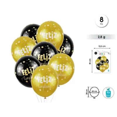 BOLSA 8 GLOBOS FELIZ CUMPLEAÑOS ORO-NEGRO 55121