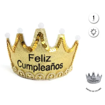 CORONA FELIZ CUMPLEAÑOS CON LUZ ORO- PLATA  71908