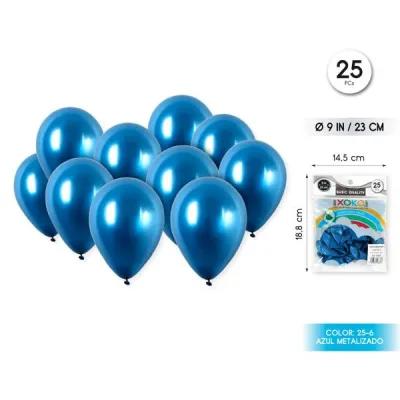 BOLSA 25 GLOBOS AZUL METAL 23CM 58881