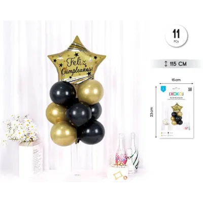 SOPORTE GLOBOS FELIZ CUMPLE ORO 11 PIEZAS 93457